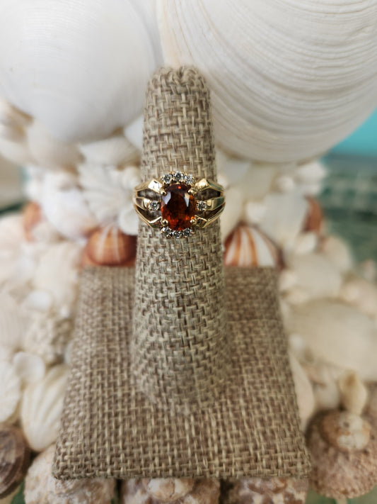 Vintage 14 Karat Yellow Gold Citrine & Diamond Ring With Open Work Shank