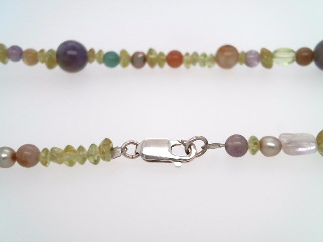 Handmade Sterling Silver Amethyst, Freshwater Pearl, Peridot & Quartz Bead Necklace With Chilean Coin Dated 1925, 22"