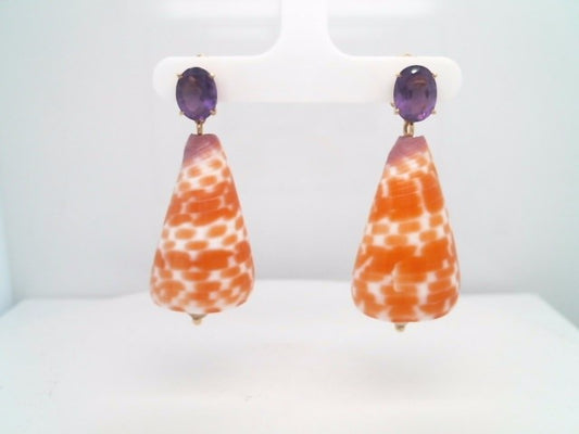 14 Karat Yellow Gold Amethyst & Orange Cone Shell Dangle Earrings