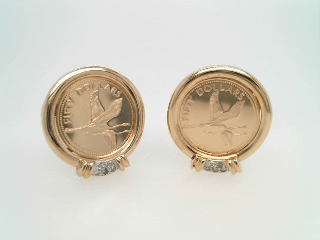 Vintage 14 Karat Yellow Gold Bahamian 50 Dollar Coin & Diamond Earrings With Omega Backs