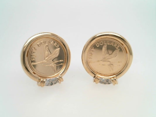 Vintage 14 Karat Yellow Gold Bahamian 50 Dollar Coin & Diamond Earrings With Omega Backs