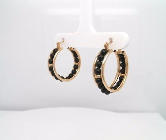 Vintage 14 Karat Yellow Gold Black Onyx Bead Hoop Earrings