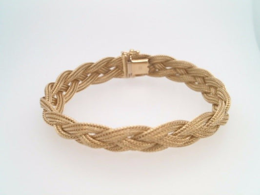 Vintage 14 Karat Yellow Gold 10 Mm Braided Triple Strand Loop In Loop Style Chain Bracelet, 7.5"