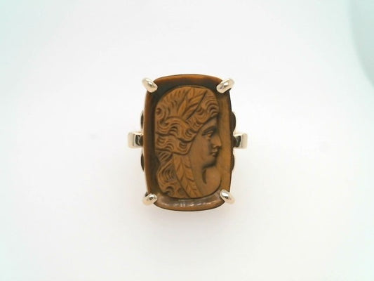 14 Karat Yellow Gold Cushion Shaped Carved Tiger's Eye Cameo Ring With Fleur De Lis Details