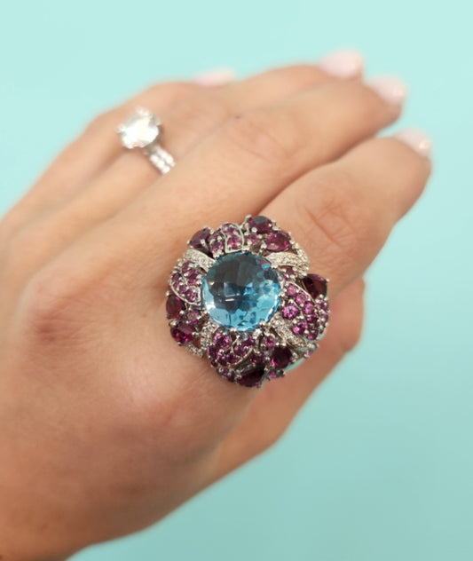 Vintage 18 Karat White Gold Blue Topaz, Amethyst & Diamond Cocktail Ring