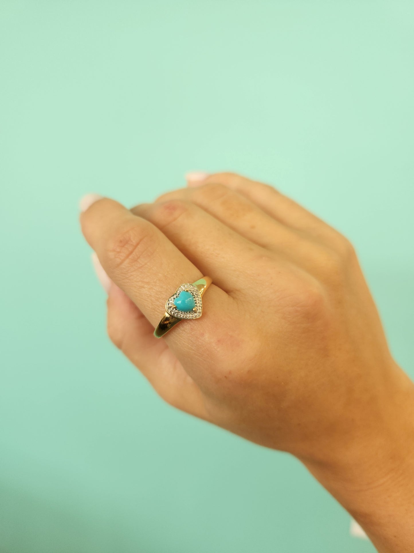 Vintage 14 Karat Yellow Gold Heart Shaped Turquoise Ring With Diamond Accents