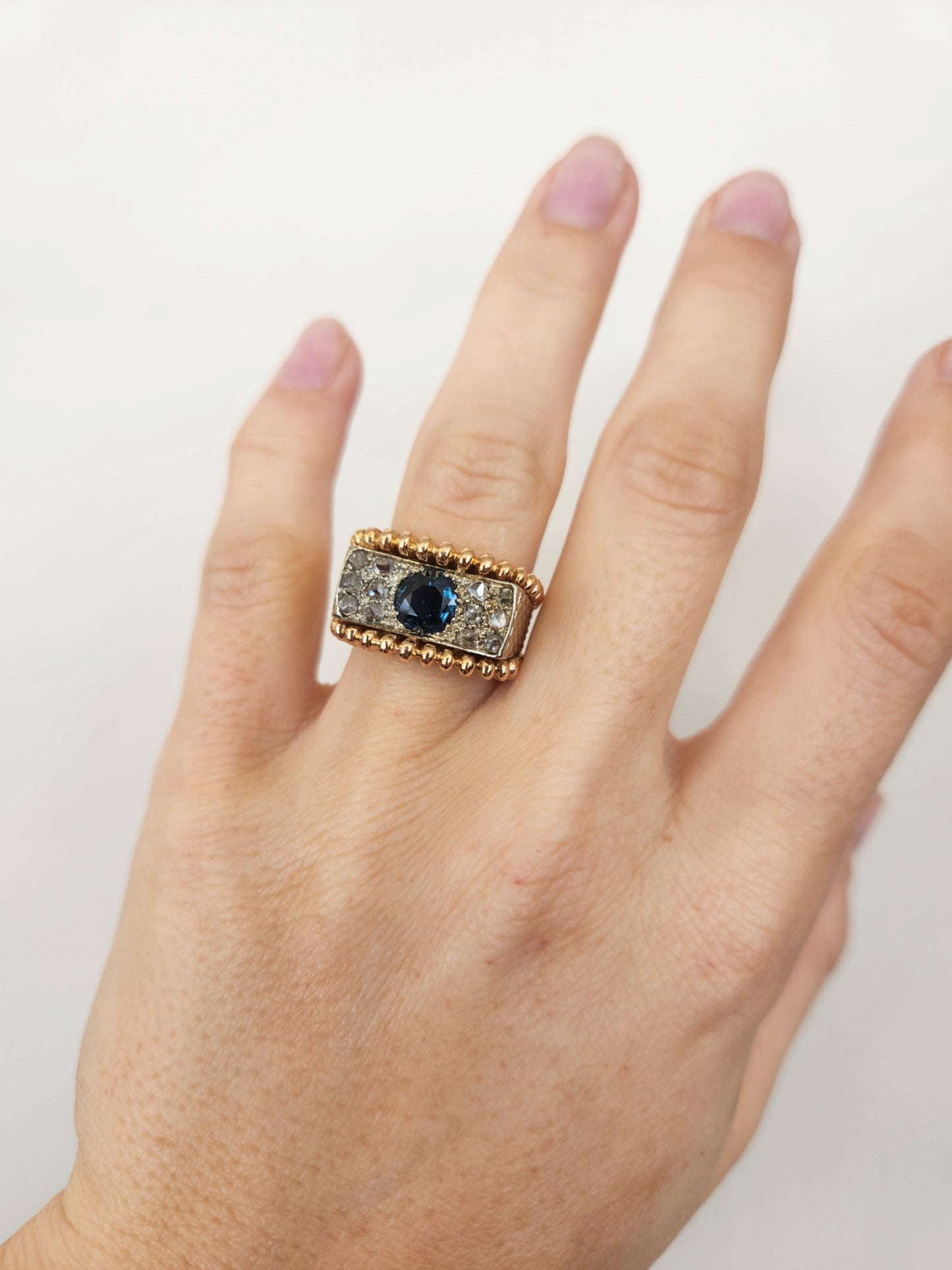 Vintage 14 Karat Yellow & White Gold Blue Sapphire & Rose Cut Diamond Ring