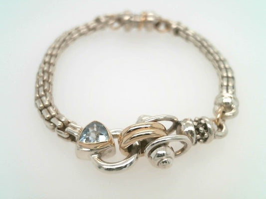 Vintage Sterling Silver/14 Karat Yellow Gold Bracelet With Blue Topaz Accent, 7.25"