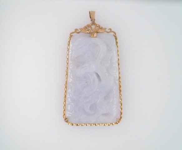 Vintage 14 Karat Yellow Gold Carved White Jade Pendant With Fancy Scalloped Frame