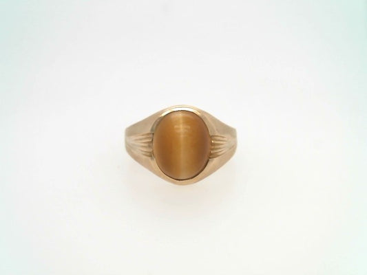 Vintage 14 Karat Yellow Gold Oval Cabochon Tiger's Eye Ring With Brushed Finish
