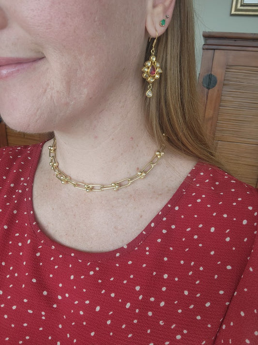 Vintage 14 Karat Yellow Gold 10 Mm Fancy Open Link With Bead End Chain Necklace, 16"