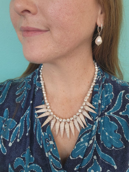 Sterling Silver White Freshwater Pearl And Florida Auger Seashell "Spike" Necklace 18.5"