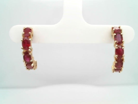 Vintage 14 Karat Yellow Gold Ruby 1/2 Hoop Earrings