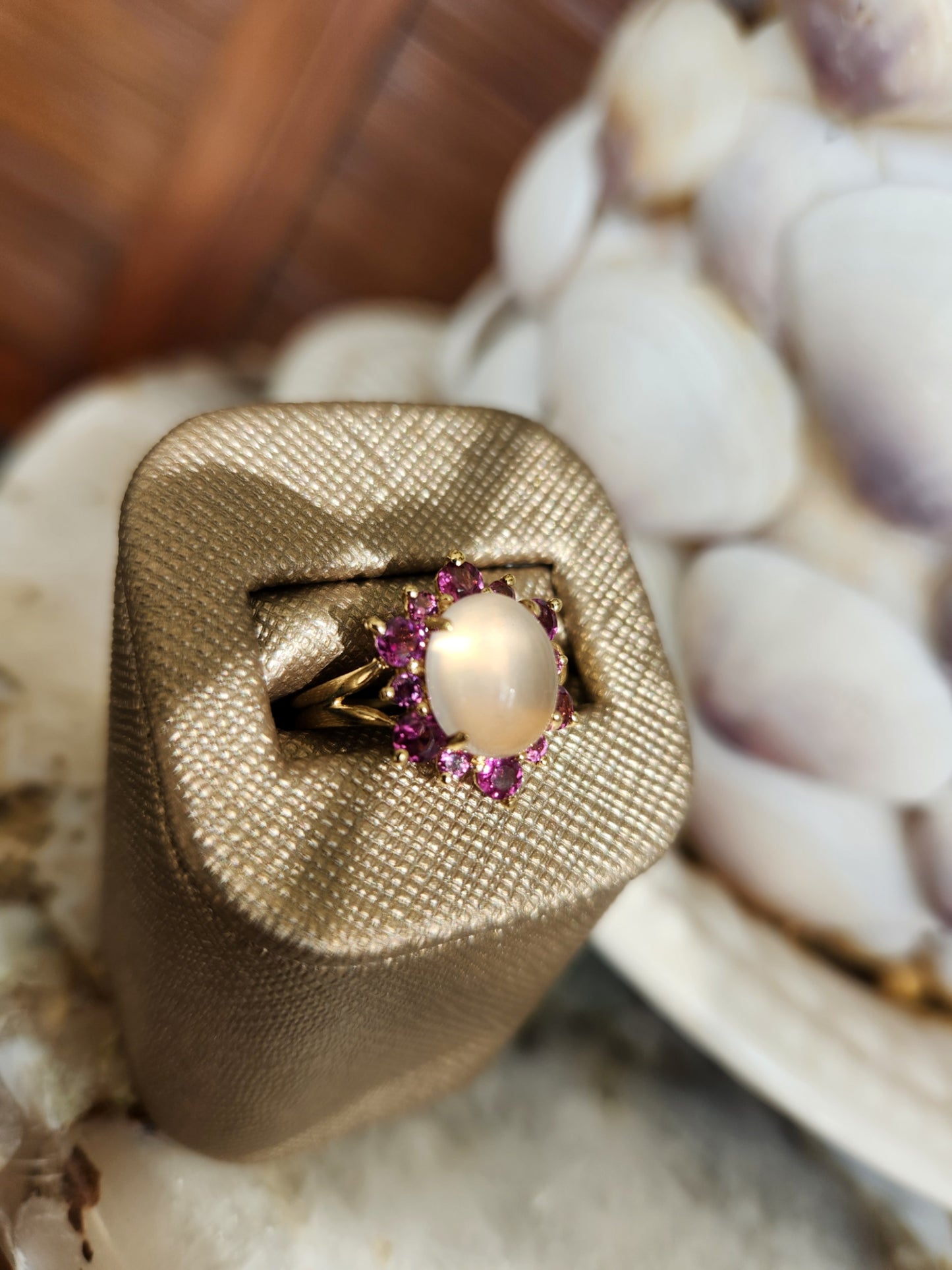 Vintage 14 Karat Yellow Gold Moonstone & Pink Tourmaline Halo Style Ring