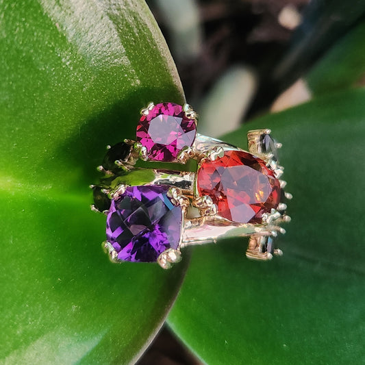 14 Karat Yellow Gold Garnet, Tourmaline, Amethyst & Citirine Floral Bypass Style Ring