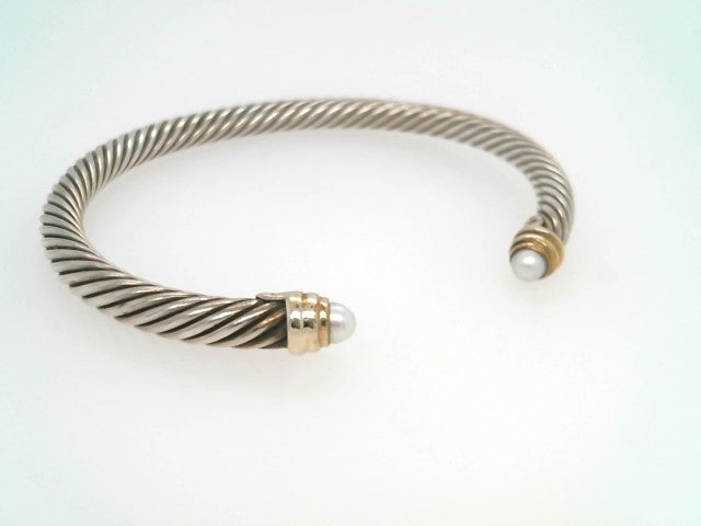 Vintage Sterling Silver & 14 Karat Yellow Gold Pearl "Cable" Cuff Bracelet, Signed David Yurman