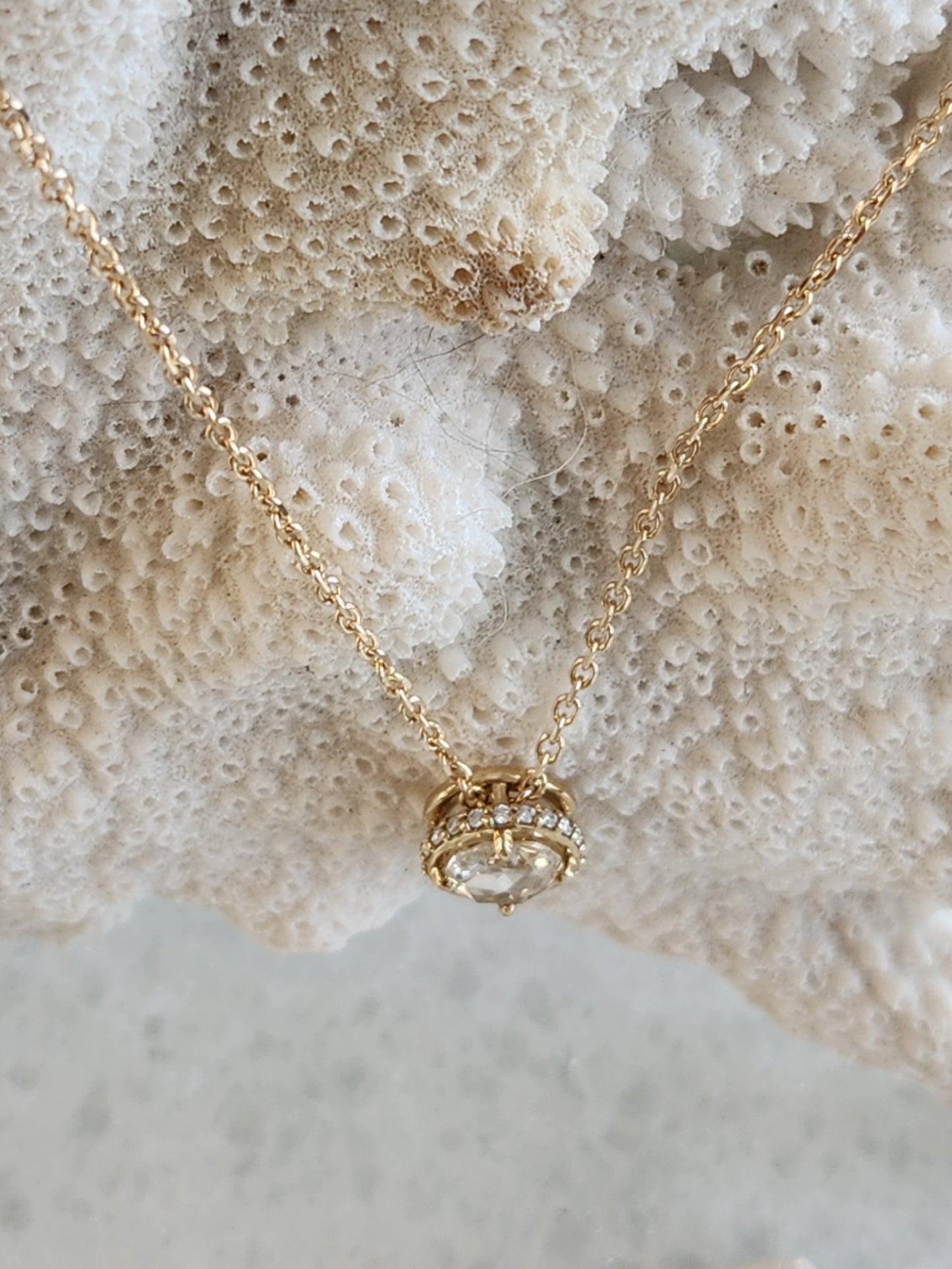 14 Karat Yellow Gold Rose Cut Diamond Necklace With Hidden Diamond Halo, 16-18"