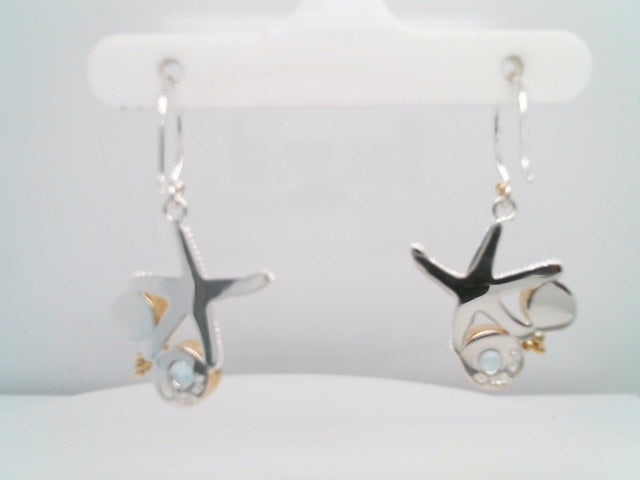 Sterling Silver And 22 Karat Gold Vermeil Starfish Earrings With 2 Sky Blue Topaz And 2 White Freshwater Pearls