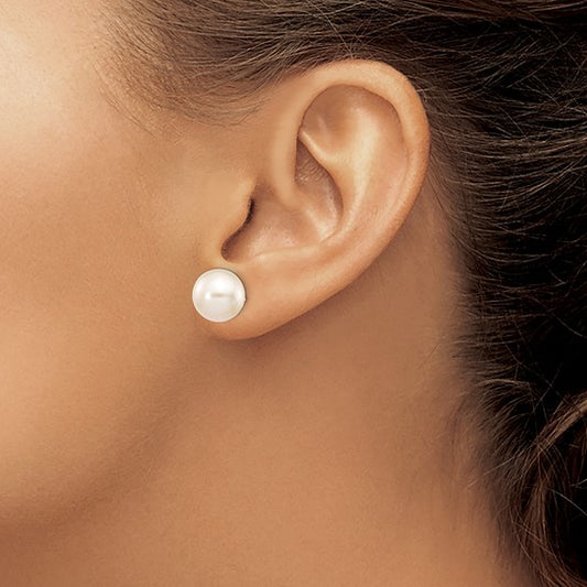 14K Yellow gold 10-11 mm White Round Freshwater Cultured Pearl Stud Ea