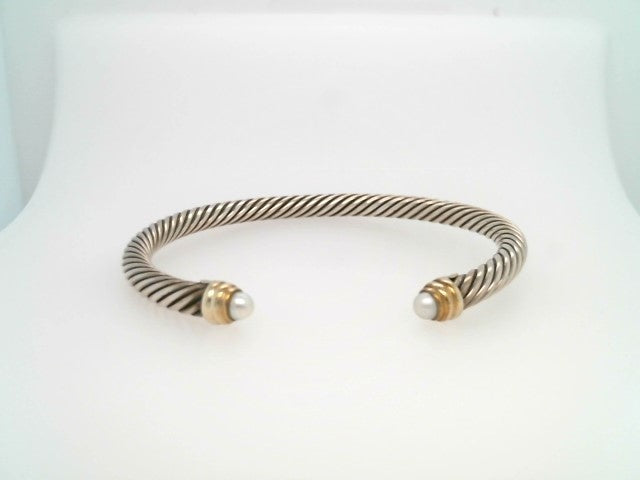 Vintage Sterling Silver & 14 Karat Yellow Gold Pearl "Cable" Cuff Bracelet, Signed David Yurman