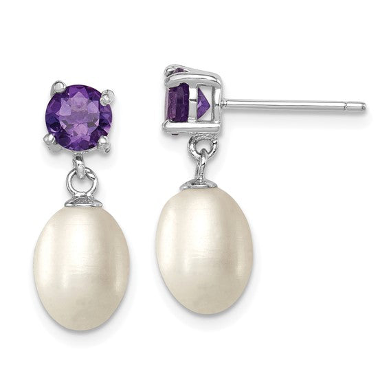 Sterling Silver 7-8 Mm Cultured Pearl And Amethyst Earrings