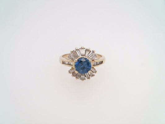 Vintage 14 Karat Yellow Gold Blue Sapphire & Baguette Diamond "Starburst" Cocktail Style Ring