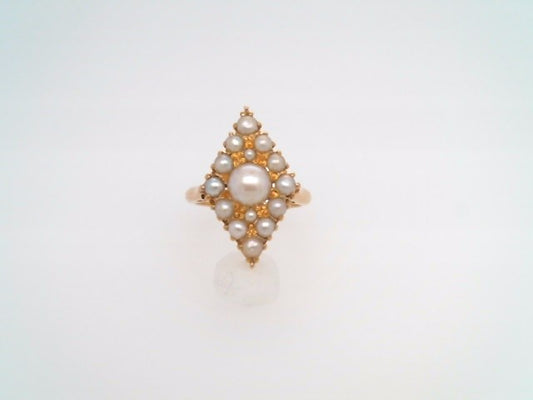 Vintage 18 Karat Yellow Gold Elongated Diamond Shape Pearl Cluster Ring