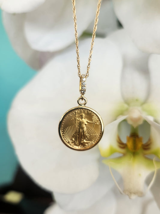 14 Karat Yellow Gold & 22 Karat Gold Walking Liberty Coin Pendant With Diamond Bail