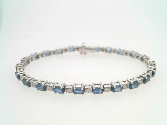 14 Karat White Gold Sappire & Diamond Line Bracelet, 7 "