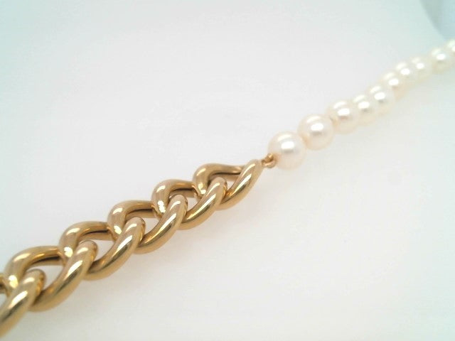 Vintage 18 Karat Yellow Gold 10 Mm Wide Curb Chain & Pearl Bracelet, 7"