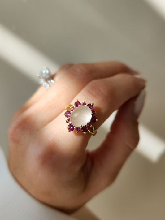 Vintage 14 Karat Yellow Gold Moonstone & Pink Tourmaline Halo Style Ring