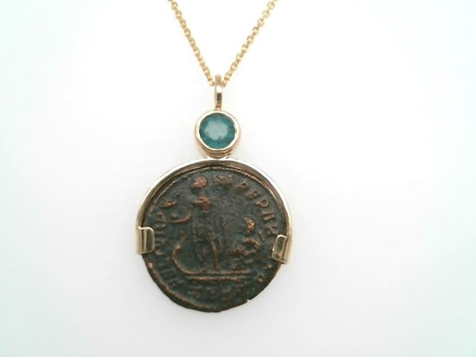 14 Karat Yellow Gold Ancient Roman Bronze Coin Pendant With Emerald