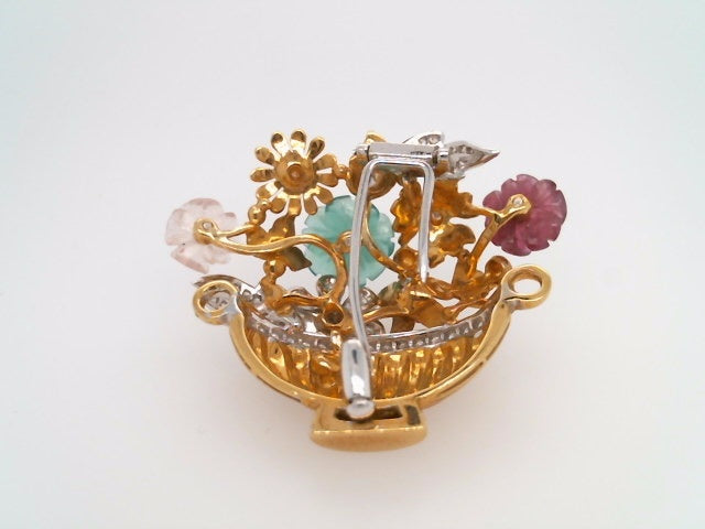 Vintage 18 Karat Yellow & White Gold Gemstone & Diamond Flower Basket Pin