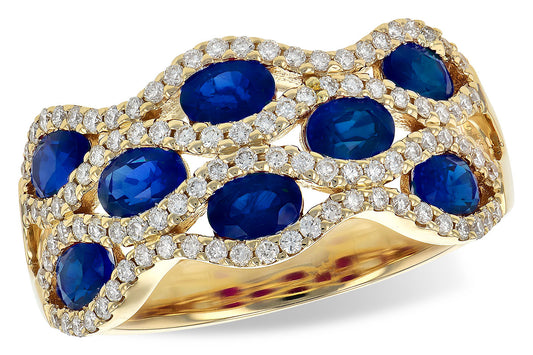 14 Karat Yellow Gold Triple Row Blue Sapphire & Diamond "Wave" Style Ring
