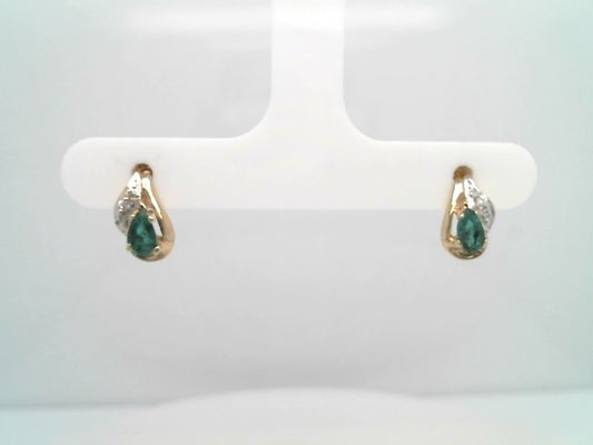 Vintage 10 Karat Yellow Gold Pear Shaped Emerald Earrings With Diamond Accents