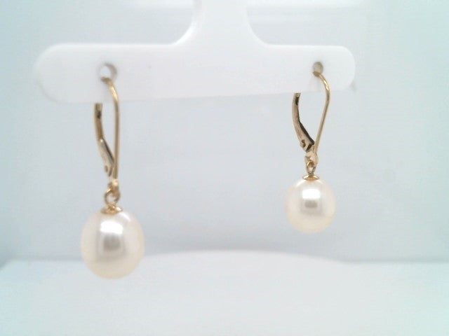 14 Karat Yellow Gold 10X9 Mm Freshwater Pearl Dangle Earrings With Leverbacks