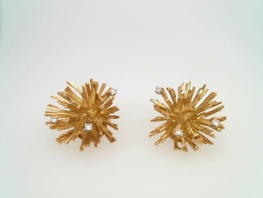 Vintage Handmade 18 Karat Yellow Gold Starburst Earrings With Diamond Accents