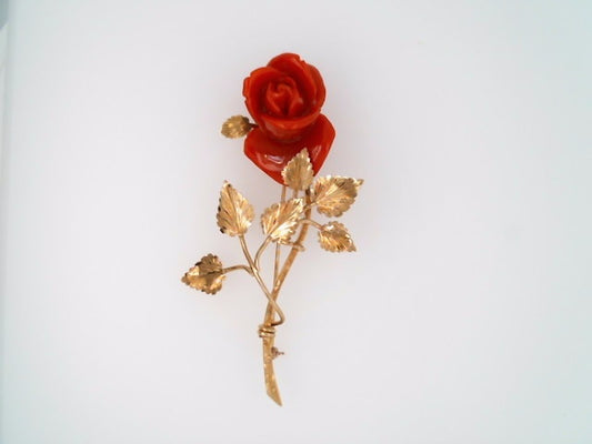 Vintage 18 Karat Yellow Gold Italian Glass Rose Pin 3" In Length.