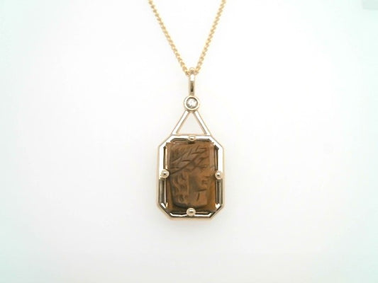14 Karat Yellow Gold Rectangular Carved Tiger's Eye Intaglio Pendant With Diamond Accent