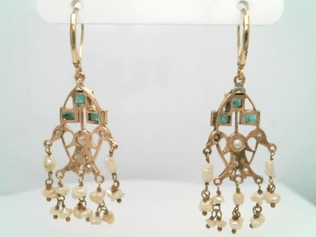 Vintage 14 Karat Yellow Gold Emerald & Pearl Chandelier Earrings With Leverbacks
