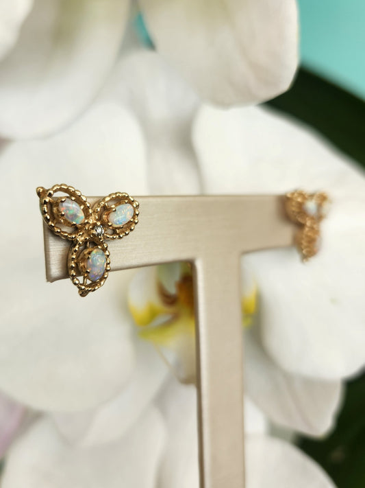 Vintage 14 Karat Yellow Gold Triple Leaf Design Opal & Diamond Earrings