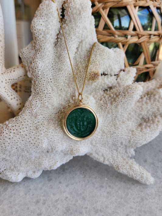 14 Karat Yellow Gold Round Carved Green Onyx Medusa Intaglio Pendant