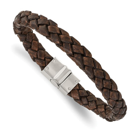 Polished Stainless Steel Brown Woven Leather Bracelet 8.75"