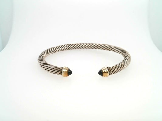 Vintage Sterling Silver & 14 Karat Yellow Gold Black Onyx "Cable" Cuff Bracelet, Signed David Yurman