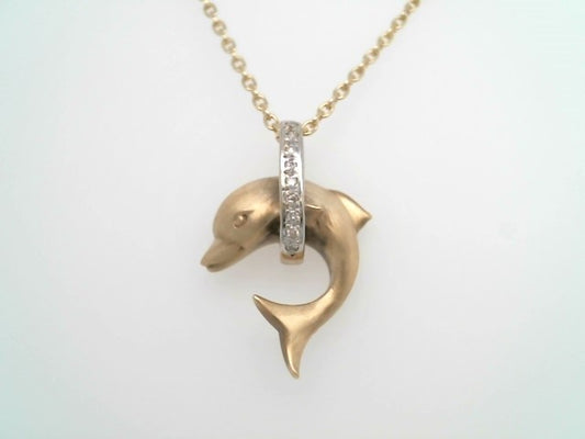 Vintage 14 Karat Yellow Gold Dolphin Jumping Thorugh A Diamond Hoop Pendant With Brushed Finish