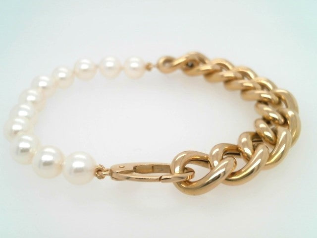 Vintage 18 Karat Yellow Gold 10 Mm Wide Curb Chain & Pearl Bracelet, 7"