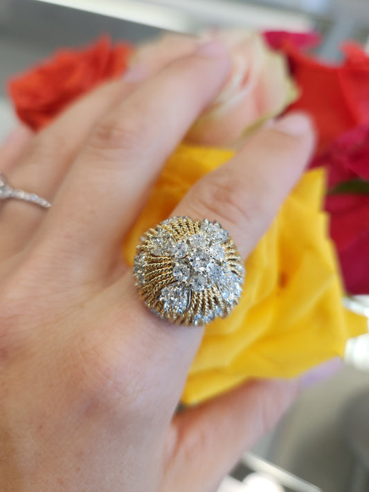 Vintage 18 Karat Yellow Gold Textured 20 Mm Dome Diamond Ring