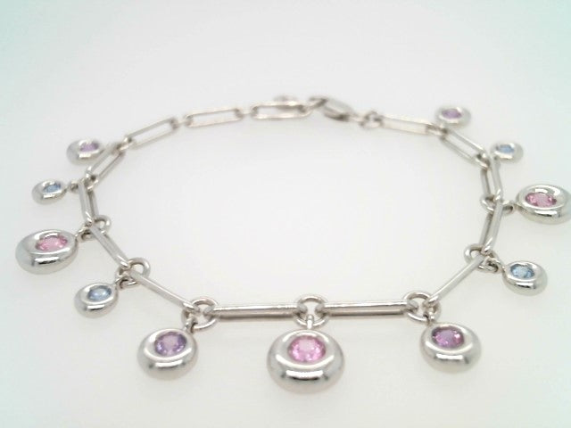 Vintage 18 Karat White Gold Chaumet Round Dangle Bracelet With Pink, Purple & Blue Sapphires, 7.25"