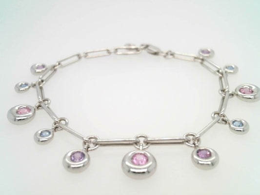 Vintage 18 Karat White Gold Chaumet Round Dangle Bracelet With Pink, Purple & Blue Sapphires, 7.25"