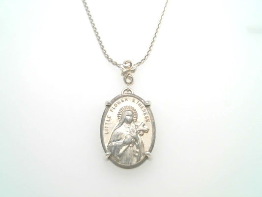Sterling Silver Pendant With Floral Bail Set With Vintage St. Therese Italian Medallion